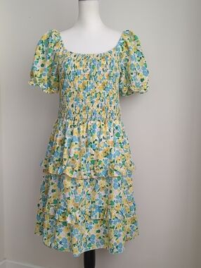 Kirundo Floral Smocked Tiered Ruffle Mini Dress Size XL Boho Cottagecore